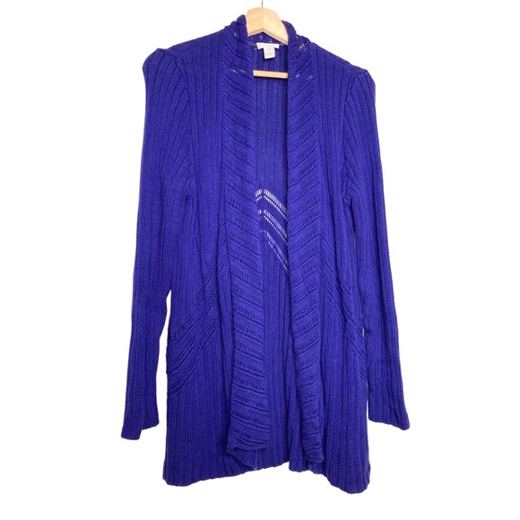 Chicos Draped Blue Cotton Blend Waterfall Cardigan Sweater Size Large Chicos 2 - Picture 1 of 10